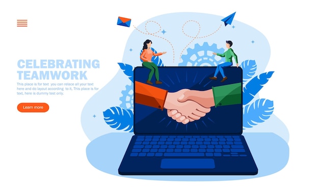 people celebrating teamwork and processes with joining hands in computer sitting on computer