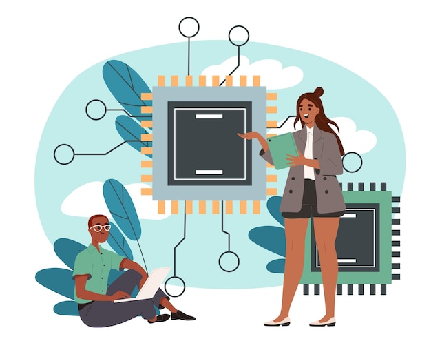 People create chip man and woman developing computer parts microchip and semiconductor for pc or
