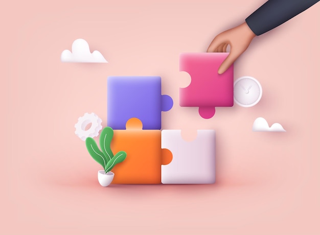 people hand connecting puzzle elements business approach brainstorming 3d web vector illustrations