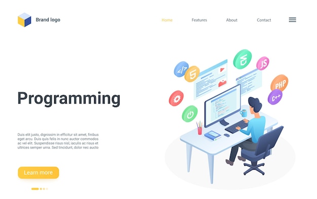 People programming isometric landing page coder working with code script program
