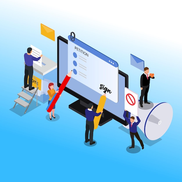 People signing and spreading petition or complaint 3d isometric