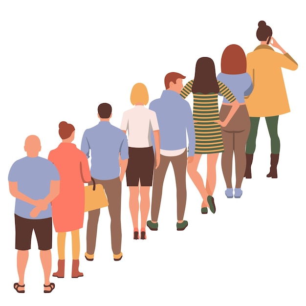 People stand in a long queue Crowd of young people standing in line Men and women waiting