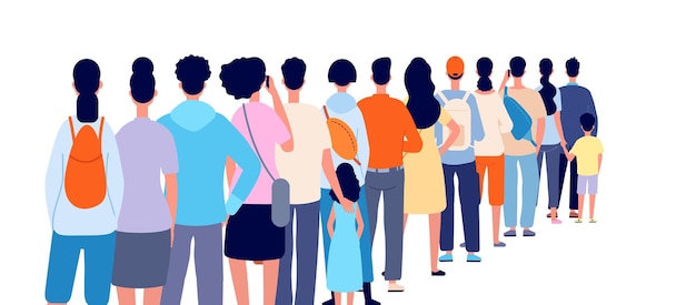 People standing in line. Isolated crowd, queue group back stand. Person wait shopping, airport registration or ticket utter vector concept