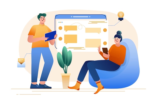 People use gadgets gradient concept with people scene in the flat cartoon design Young couple