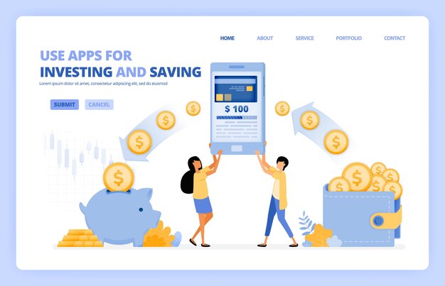 People use mobile apps to saving and investing money in 4.0 cashless society.  illustration concept can be use for landing page
