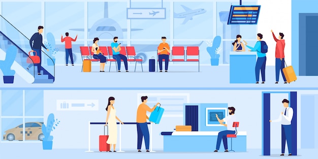 People waiting in airport, security check and registration for flight,  illustration