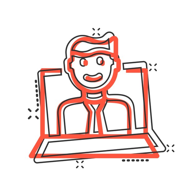 People with laptop computer icon in comic style Pc user cartoon vector illustration on white isolated background Office manager splash effect business concept