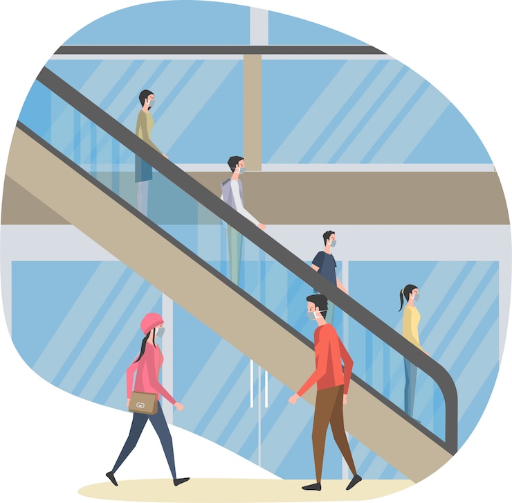 Vektori peoples are using escalator in mall while keeping their distance illustration