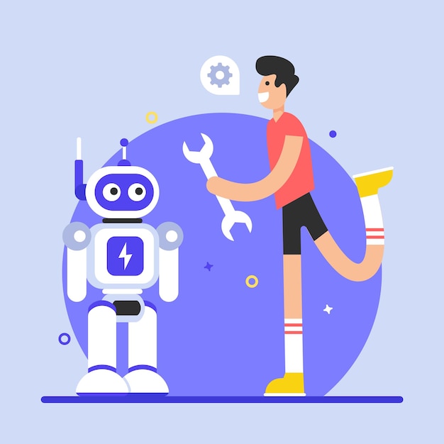 Person and robot holding cogwheels flat illustration of collaborative robotics
