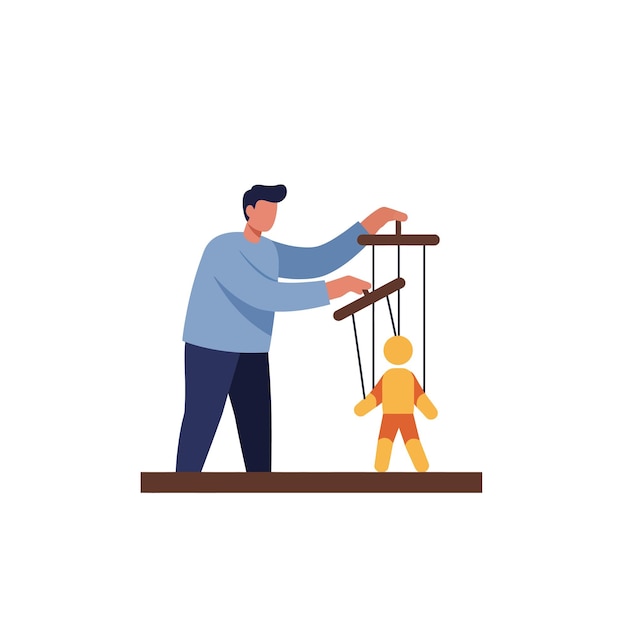 person controlling puppet with strings in flat minimal vector art