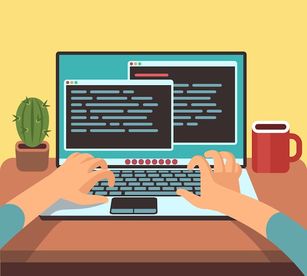 Person programmer working on pc laptop with program code on screen. Coding and programming vector concept. Illustration of developer programming software, coding type