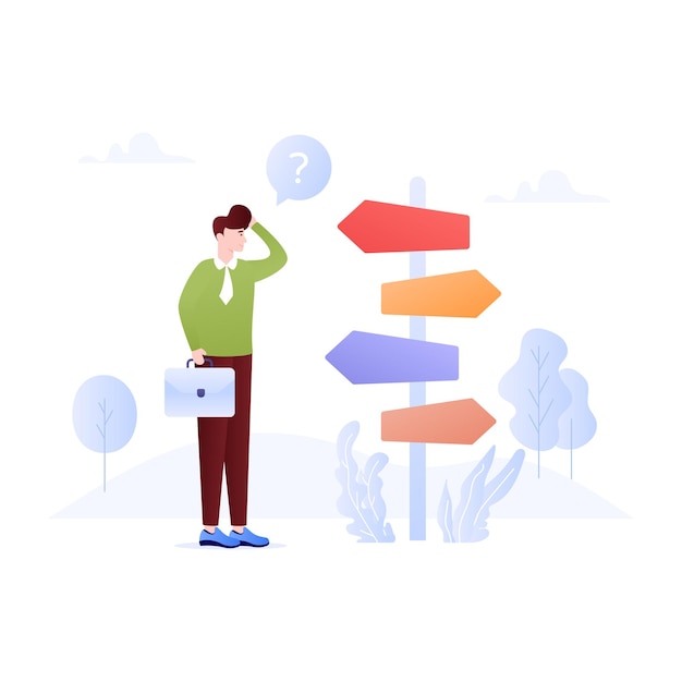 Person with directional board concept of decision making flat illustration