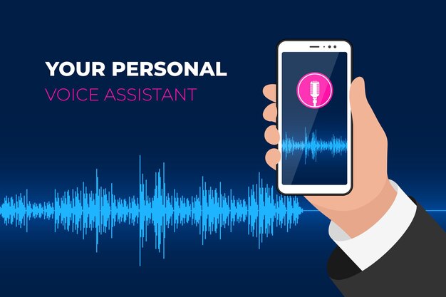 Personal assistant and voice recognition mobile app hand holding smartphone with microphone button