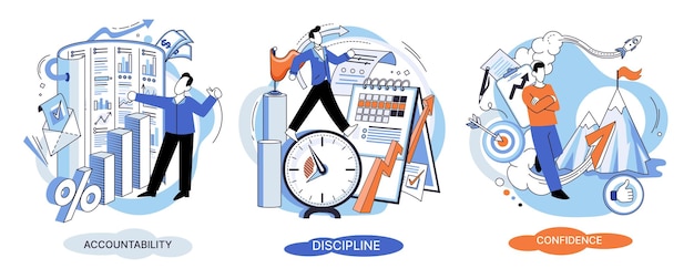 Personal quality concept vector illustrations set Confidence accountability and discipline Creative metaphor