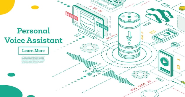 Personal Voice Assistant. Isometric Smart Speaker Illustration. Voice Activated Digital Assistant. Connections to Different Digital Devices.