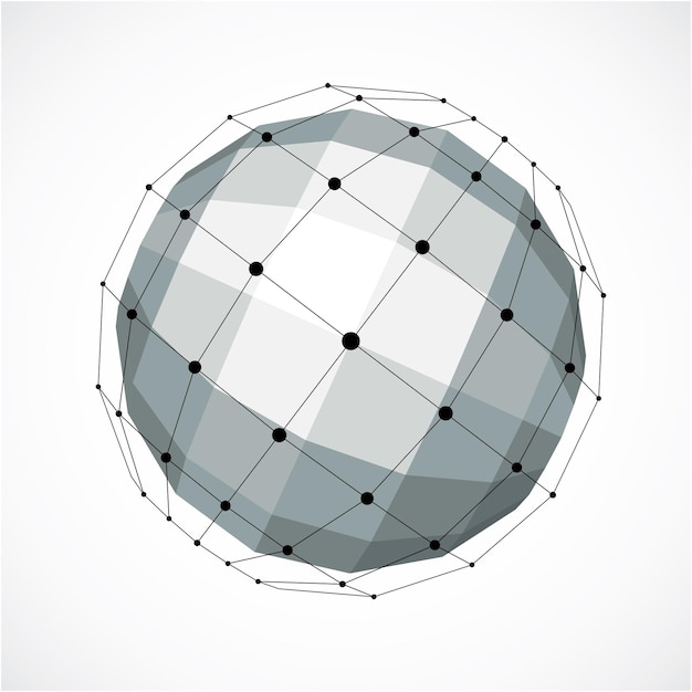 Perspective technology shape with black lines and dots connected, polygonal wireframe object. Abstract gray faceted element for use as design structure on communication technology theme