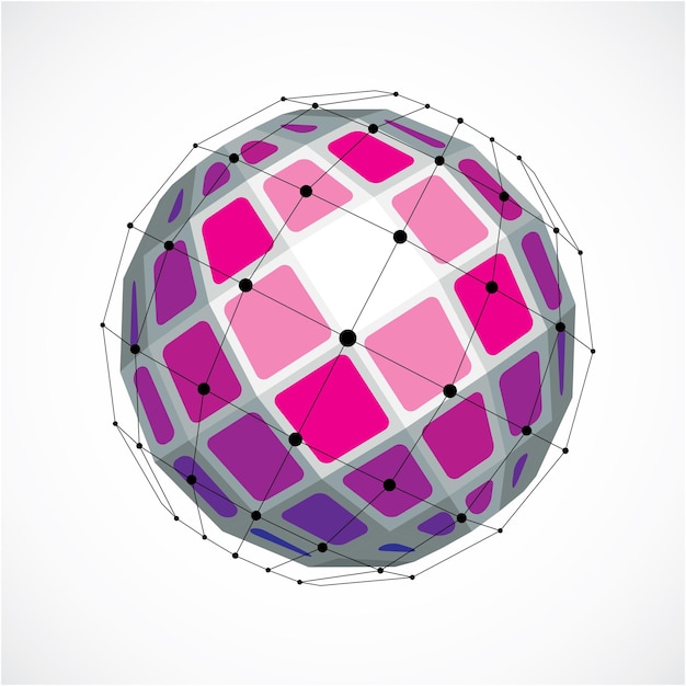 Perspective technology shape with black lines and dots connected, polygonal wireframe object. Abstract purple faceted element for use as design structure on communication technology theme