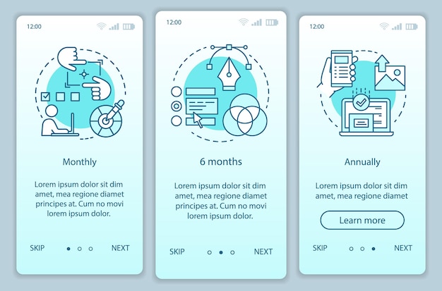 Photo editor subscription onboarding mobile app page screen vector template. Monthly or annually tariffs. Walkthrough website steps with linear illustrations. UX, UI, GUI smartphone interface concept
