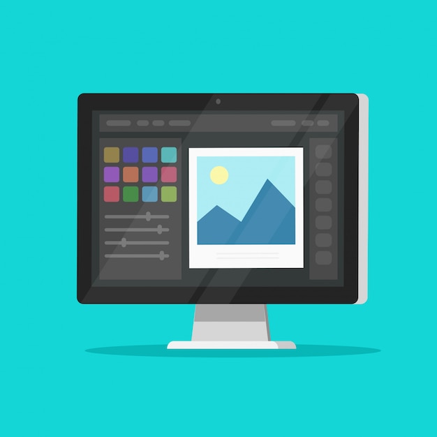 photo or graphic editor on desktop computer pc monitor flat cartoon isolated