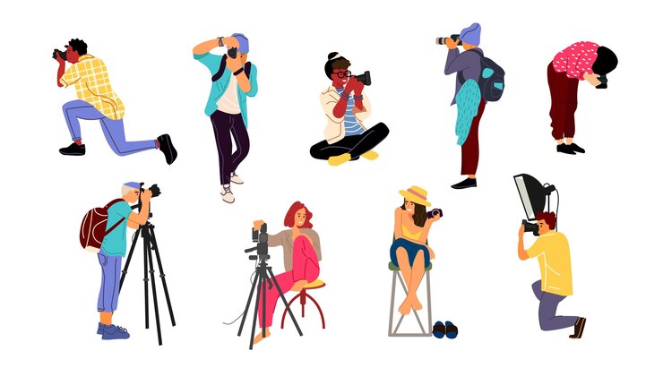 Vektori photographers. cartoon characters with professional cameras in different poses taking pictures. vector isolated cute creativity cheerful paparazzi