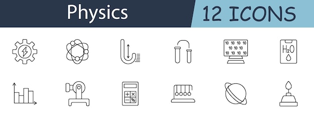 Physics set icon Includes symbols for energy atoms and experiments Ideal for education science and research concepts Vector line icon on white background