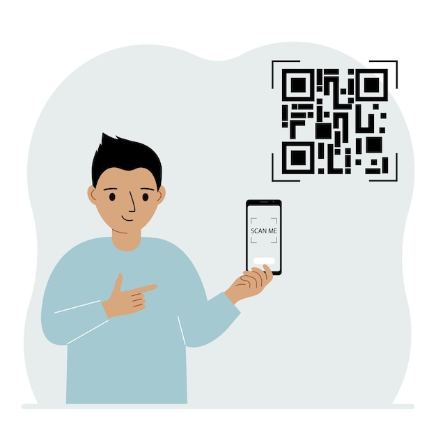 Pieni poika pitelee kännykkää kädessään, ja siinä lukee "Skannaa minut". Lapsen vieressä on QR-koodi.