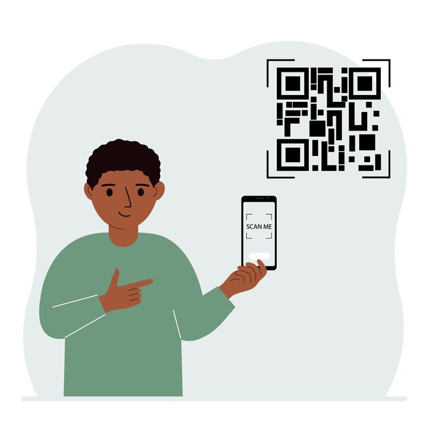 Pieni poika pitelee kännykkää kädessään, ja siinä lukee "Skannaa minut". Lapsen vieressä on QR-koodi.