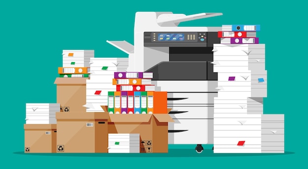 Pile of paper documents and printer
