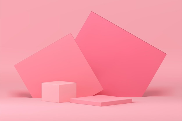 Pink 3d podium geometric elegant pedestal mock up for cosmetic product show presentation vector illustration Realistic feminine minimalist aesthetic showcase commercial advertising display