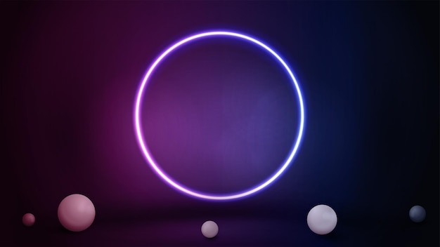 pink and blue scene with realistic spheres and large gradient neon ring.