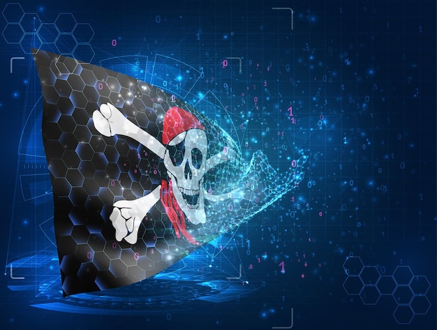 Pirate vector flag virtual abstract 3D object from triangular polygons on a blue background