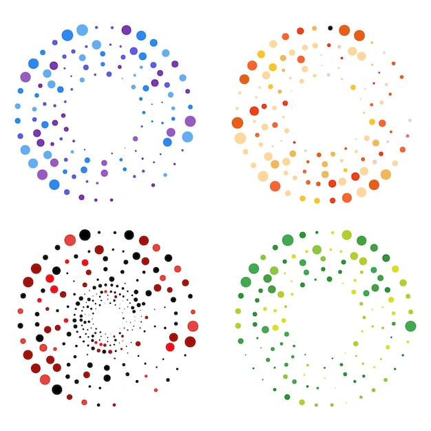 Pisteitä, ympyröitä spiraali, pyörre, kierre. Pyöreät pilkut, pisteviivat kuvitus. Pointillisti, pointillismi, pisteviivatekniikan taide-elementti