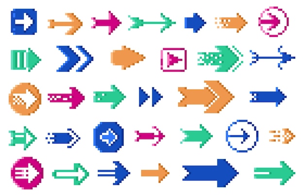 Pixel 8 bit arrows Dotted retro navigation cursors retro 8 bit direction pointers retro 8 bit arrow icons Vector 8 bit game elements set