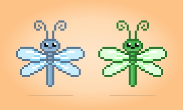 pixel 8 bit dragonfly animal pixels for game assets in vector illustration