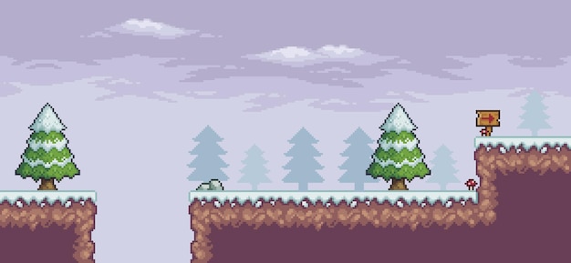 Pixel art game scene in snow with pine trees board and clouds 8 bit vector background