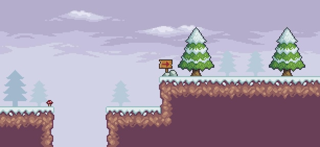 Pixel art game scene in snow with pine trees clouds indicative board 8bit background