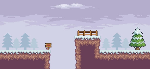Pixel art game scene in snow with pine trees fence wooden board clouds 8bit background vector