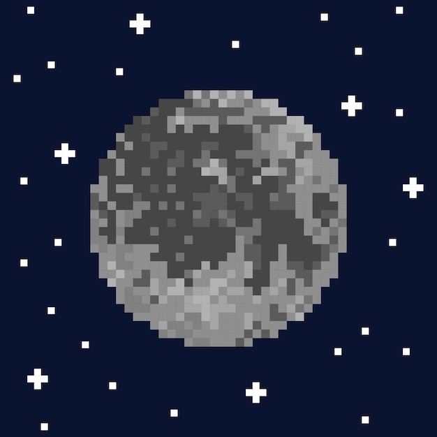 Pixel art moon and stars. Vector illustration