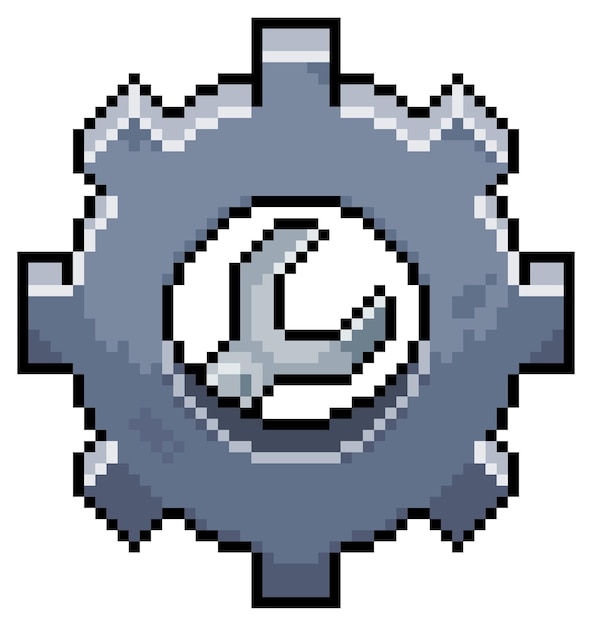 pixel art of a gear with a wrench in 8bit style on a white background