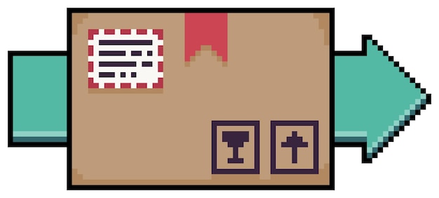 Pixel art package with order and green arrow in 8bit style on white background