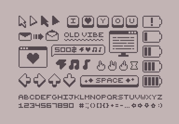 Pixel Art Retro Computer Interface Icons and Symbols Vintage LowResolution UI Elements