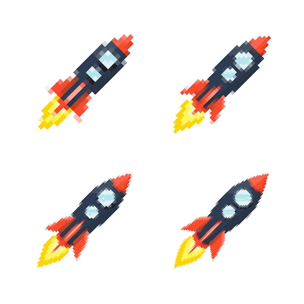 Pixel art rocket with fiery trails retro games spacethemed designs apps or animations 8bit style for