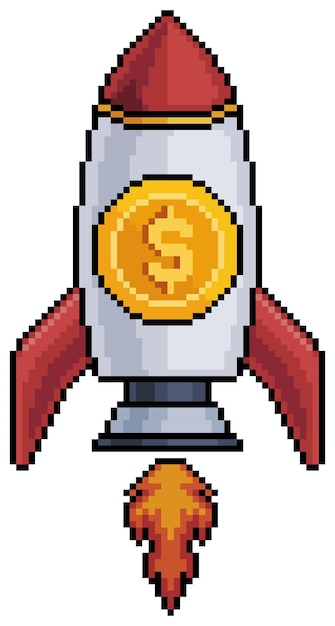 Pixel art rocket with money and coin business growth vector icon for 8bit game on white background