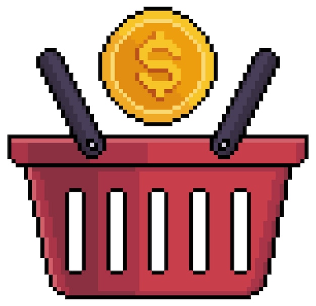pixel art shopping basket with coin vector icon for 8bit game on white background