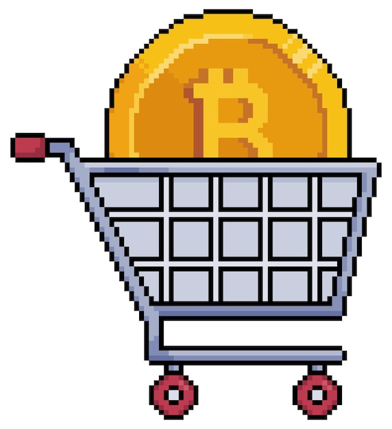 pixel art shopping cart with bitcoin vector icon for 8bit game on white background
