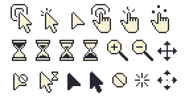 Pixel cursors Retro vintage pointer cursor arrow hand finger icons 8 bit computer game mouse pointer and finger tap touch click Vector pixel cursors isolated set