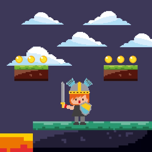 Pixel game warrior with gold coins 