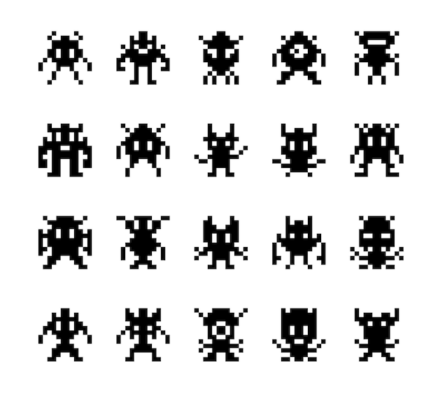 Pixel monsters arcade game characters vector set