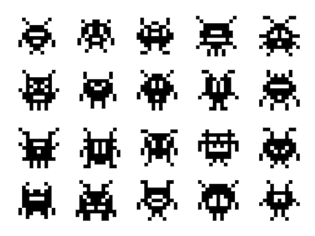 Pixel monsters space creatures and cartoon aliens