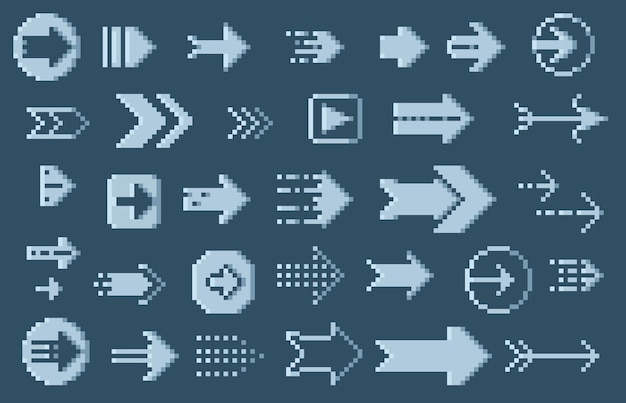 Pixeleted retro arrows 8 bit navigation cursors pixel game UI elements retro 90s app icons Vector square pointer symbols collection